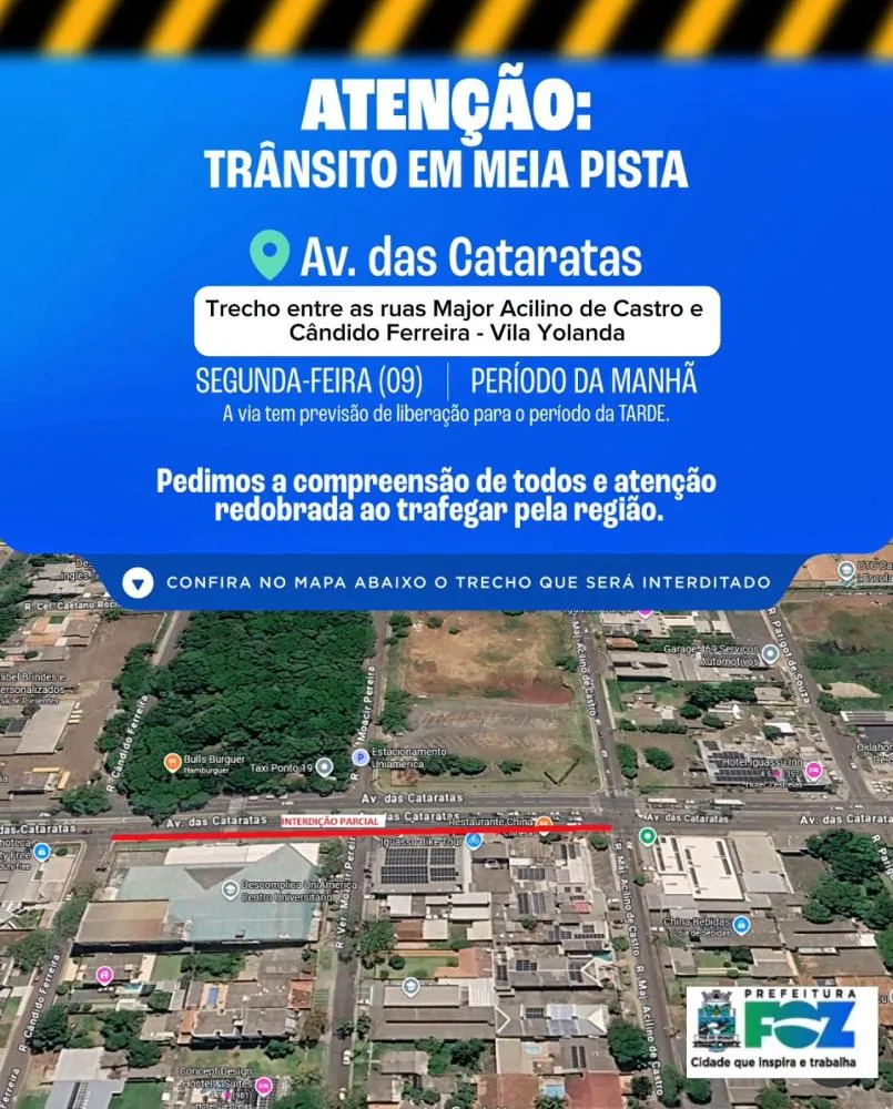 Trânsito na Avenida das Cataratas com com meia pista