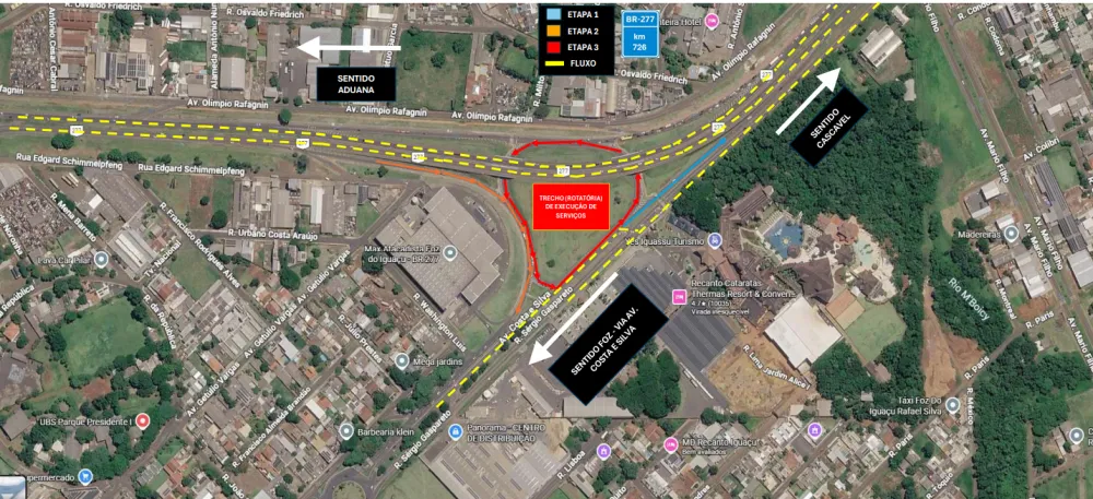 Recomposição de pavimento em rotatória no perímetro urbano de Foz do Iguaçu; tráfego terá interdições temporárias