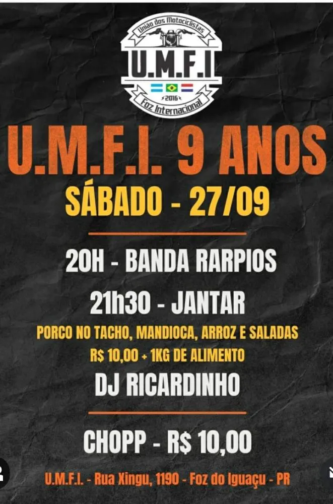 União dos Motociclistas Foz Internacional comemora nove anos com jantar e música boa