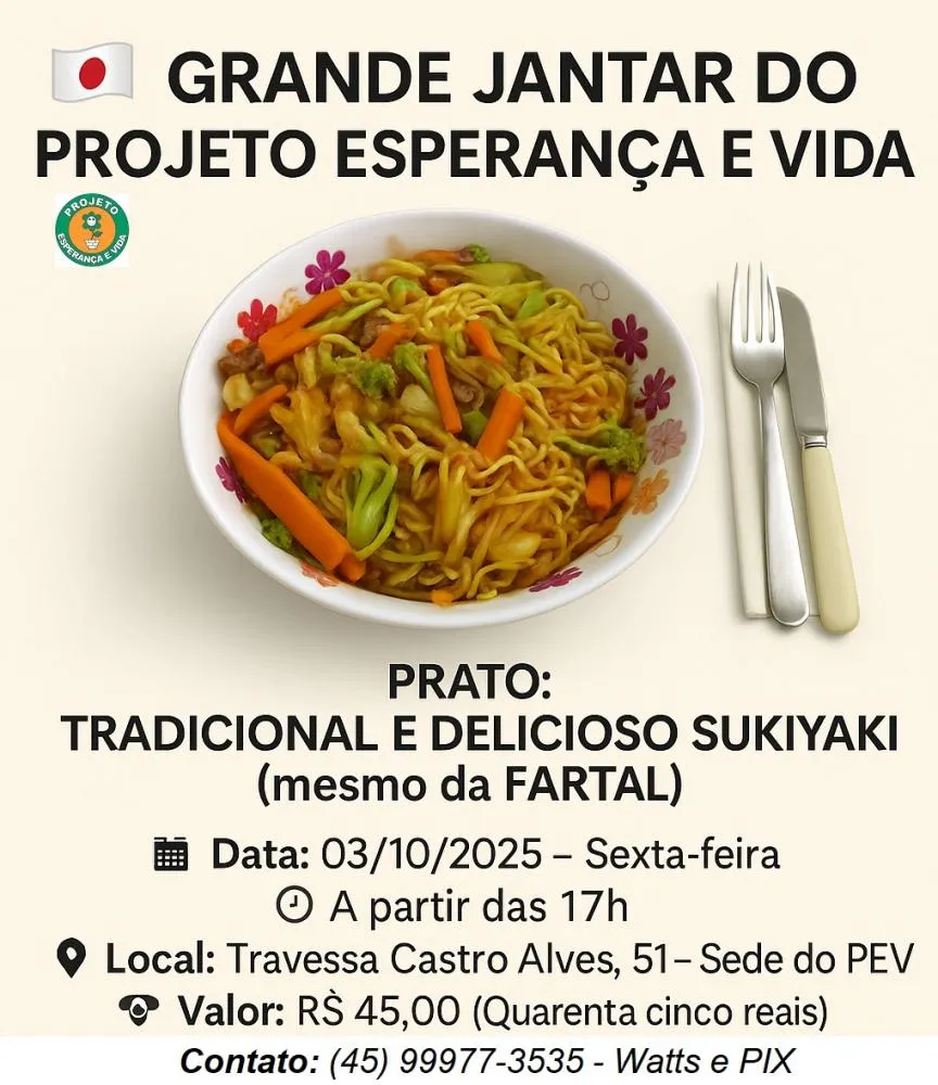 Sukiyaki solidário do Projeto Esperança e Vida será nesta sexta-feira, 3